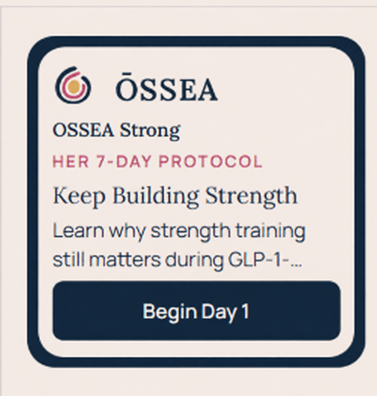 Strong app snapshot showing the seven-day protocol and Begin Day 1 button